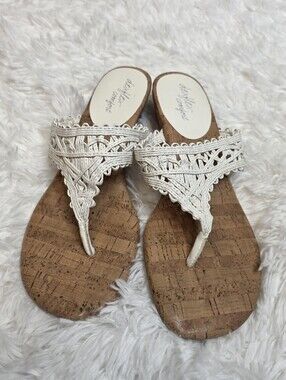 Dexflex Comfort Cream Woven Crochet Cork Wedge Sandals Size 7